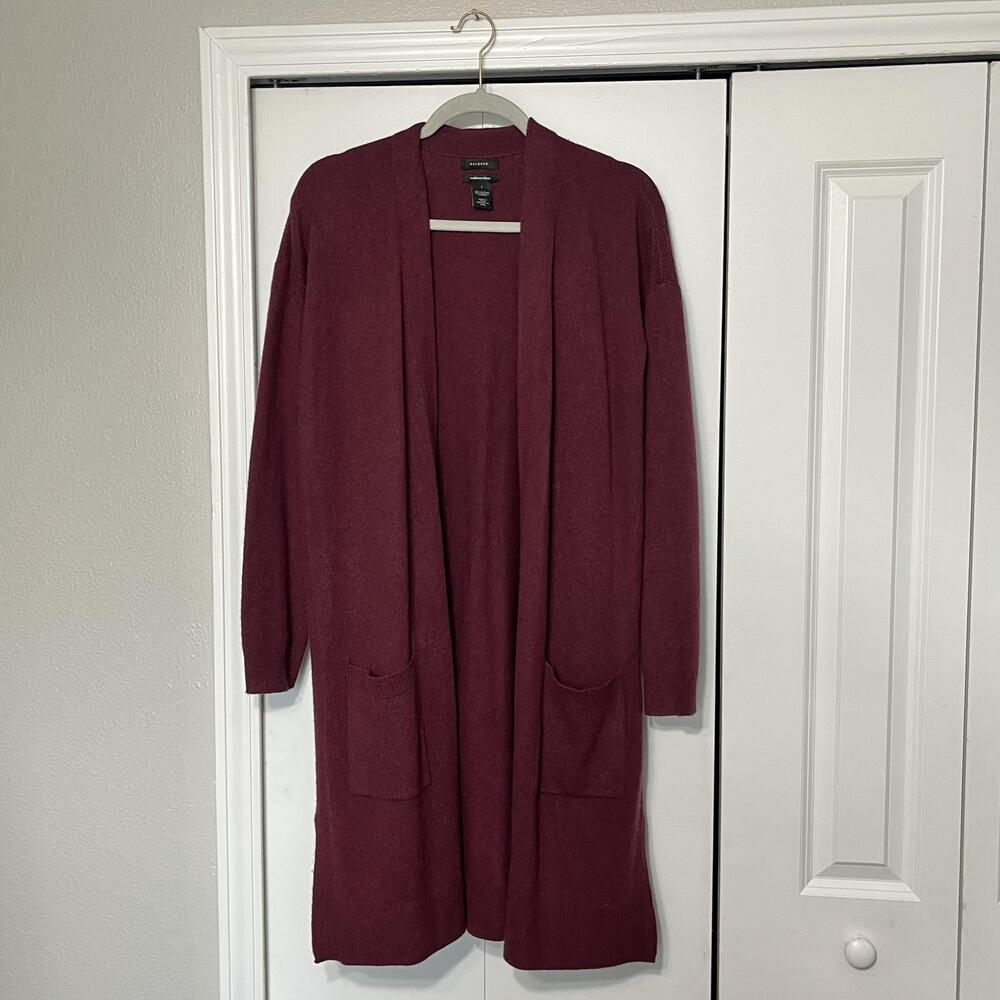 Halogen Cashmere Cardigan Sweater Womens Luxury Burgundy Wool Open Front Pockets
